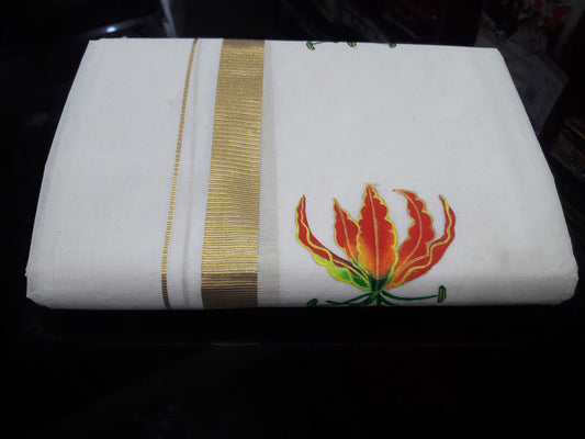 Karthikai poo hand painting on kasavu kara cotton mundu