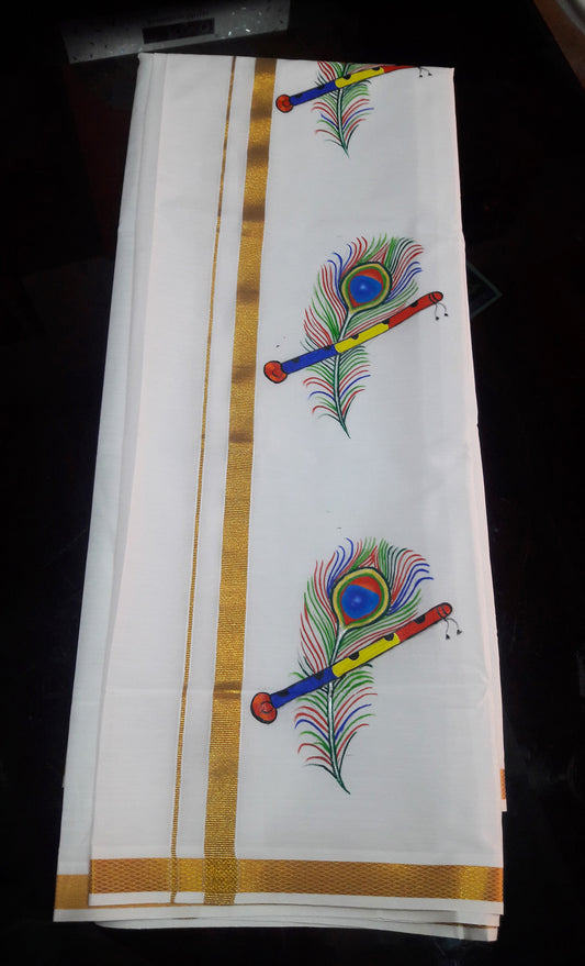 Multicolor peeli hand mural painting kerala kasavu mundu - 4meter