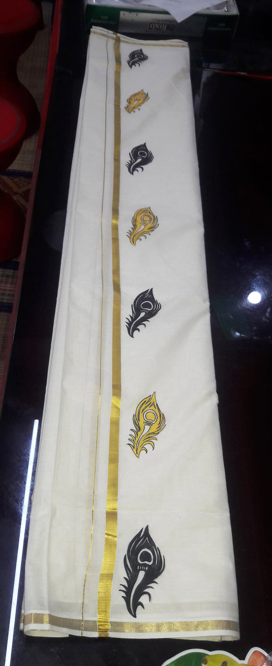Black gold peeli hand painting on kasavu mundu - 4meter