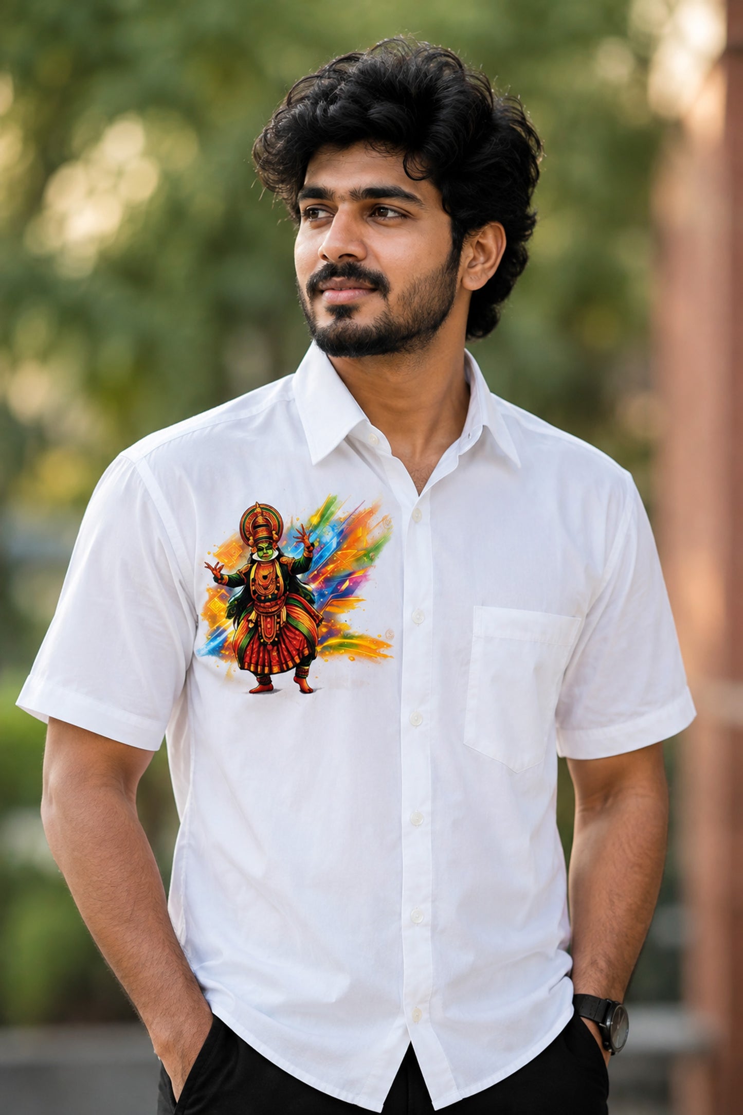 Kathakali designer printed white cotton shirt