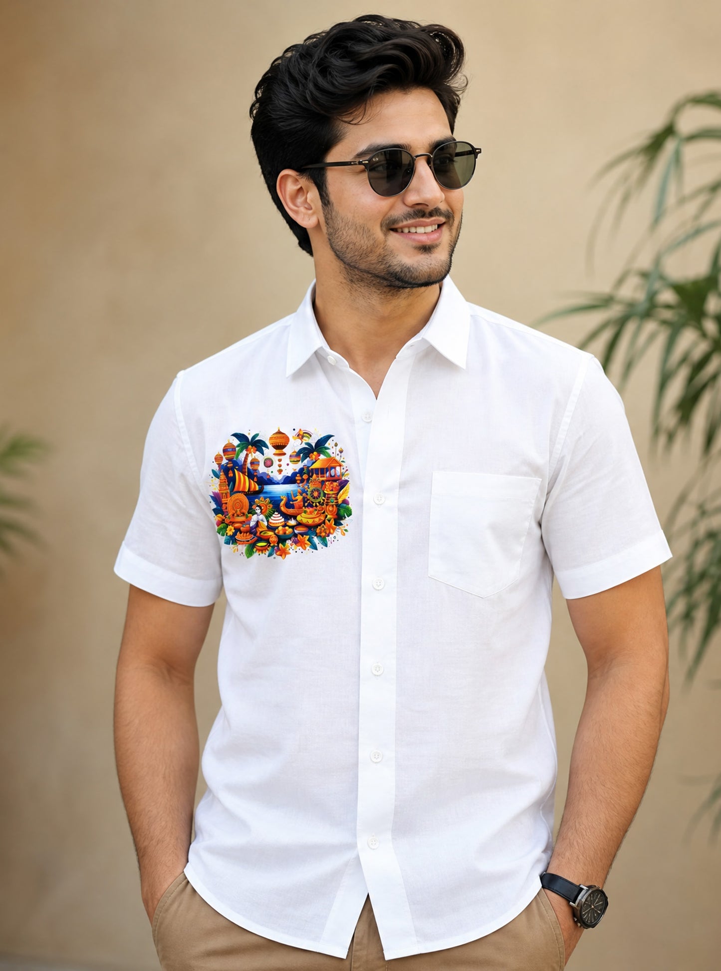 Cultural theme design printed white cotton shirt