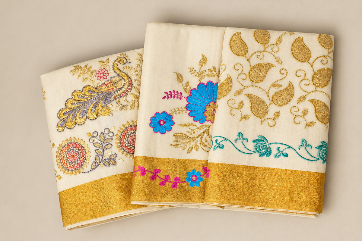 Peacock embroidery on pallu kerala kasavu cotton saree - 1 saree