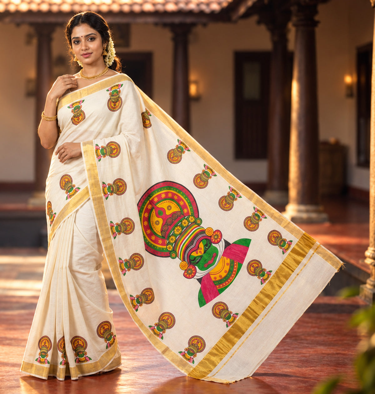 Big kathakali print design kerala cotton kasavu saree