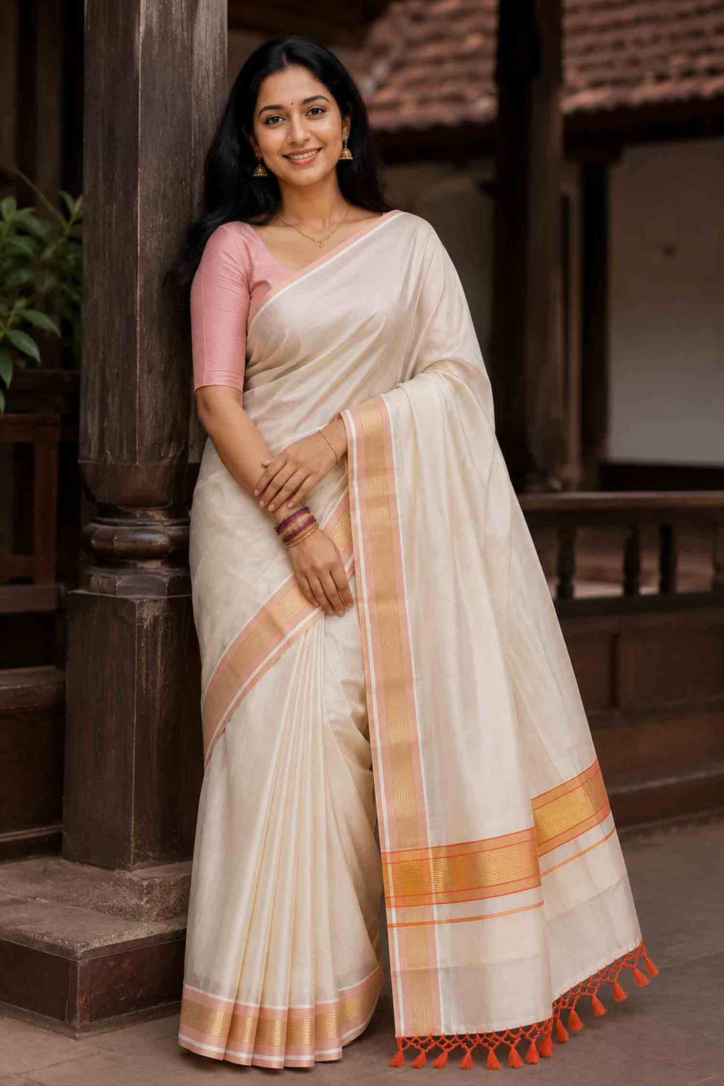 Orange line border kerala tissue kasavu saree