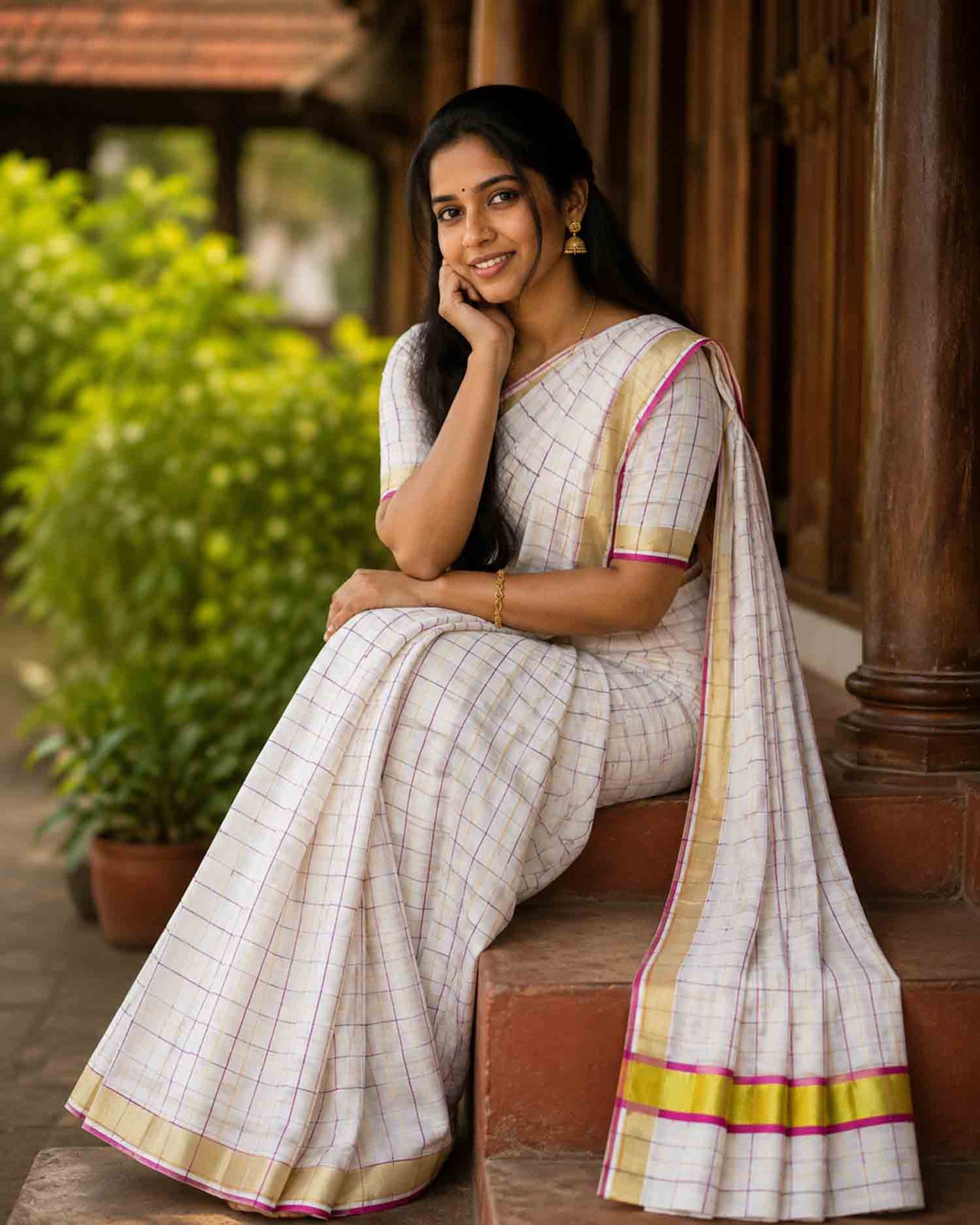 Kerala cotton kasavu saree with purple check