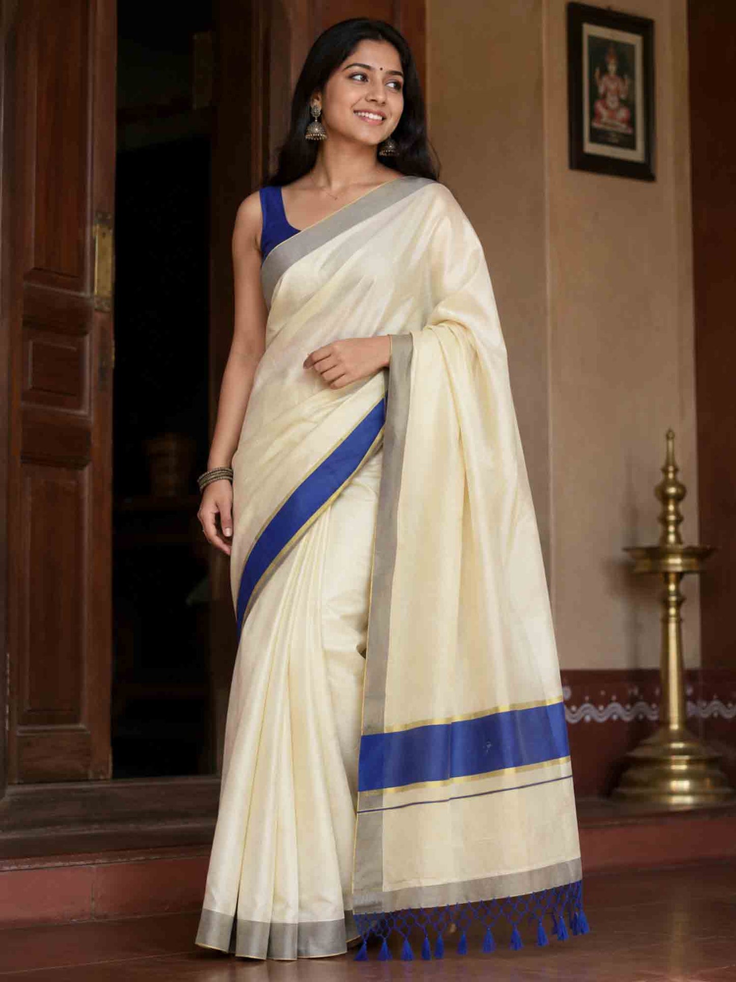 Blue big border with kerala tissue kasavu saree