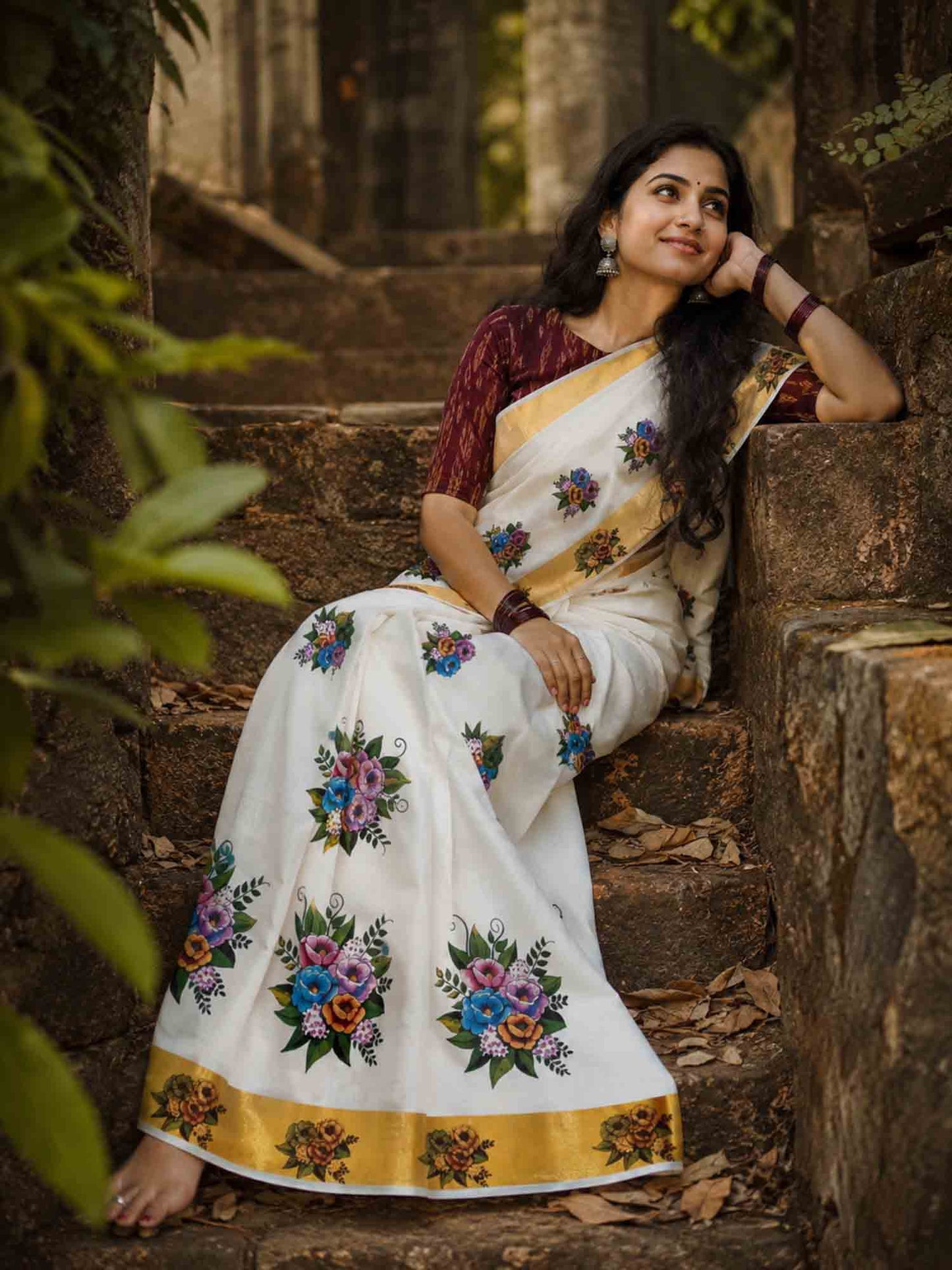 Kerala cotton kasavu saree with flower design