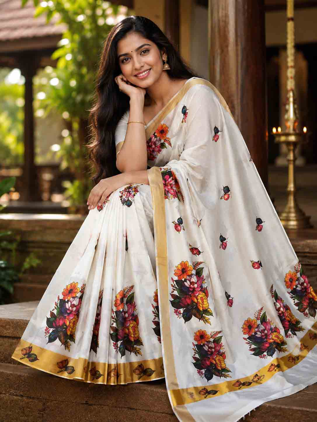 Kerala cotton kasavu saree with orange flower design