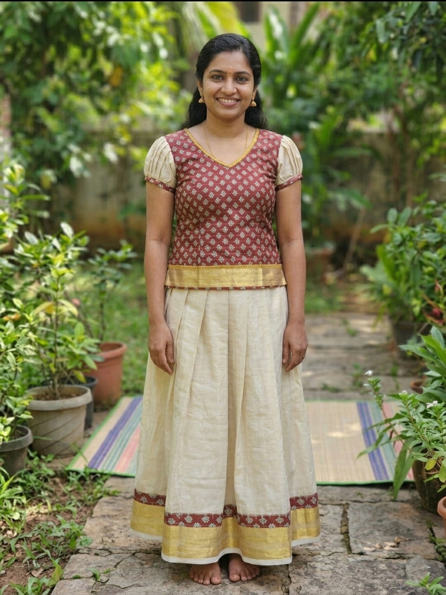 Traditional kalamkari design kerala tissue pattu pavada for women