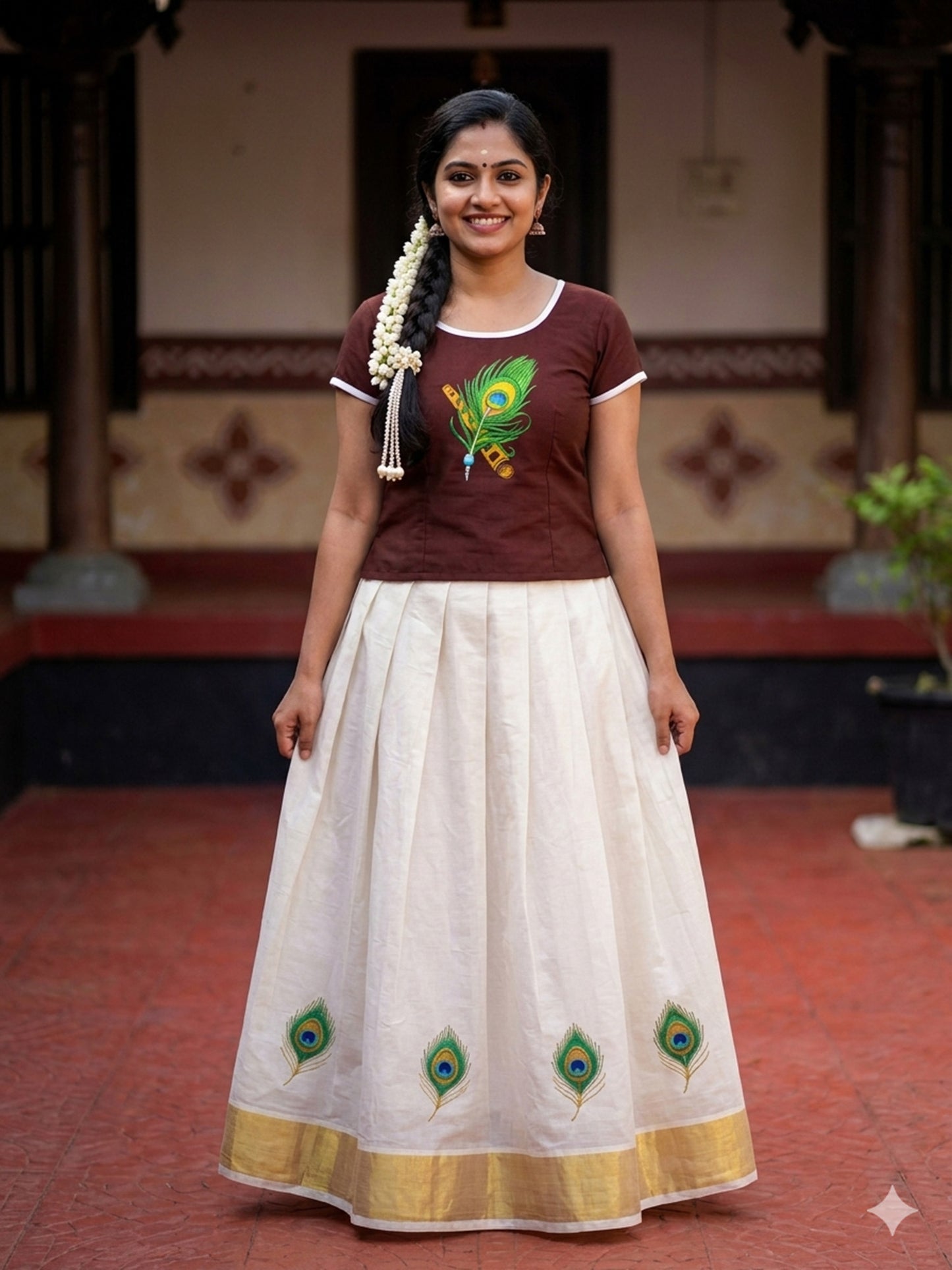 Mazhilpeeli with flute design kerala pattu pavada with peeli pavada for women