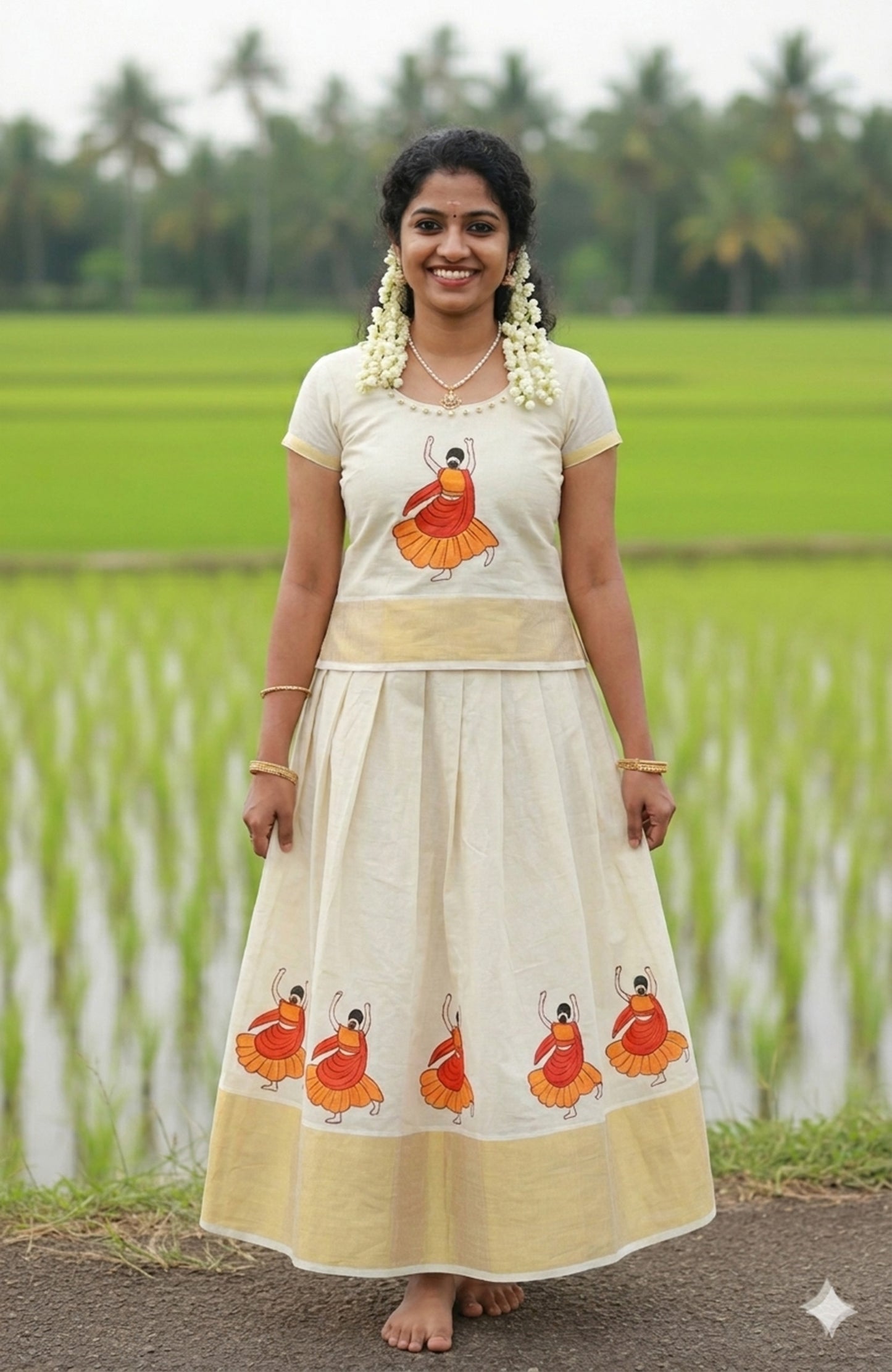 Dancing lady design hand mural painting kerala pattu pavada from women