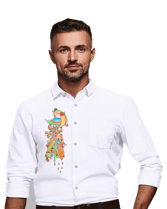 Beautiful peacock design hand mural painting on white cotton shirt