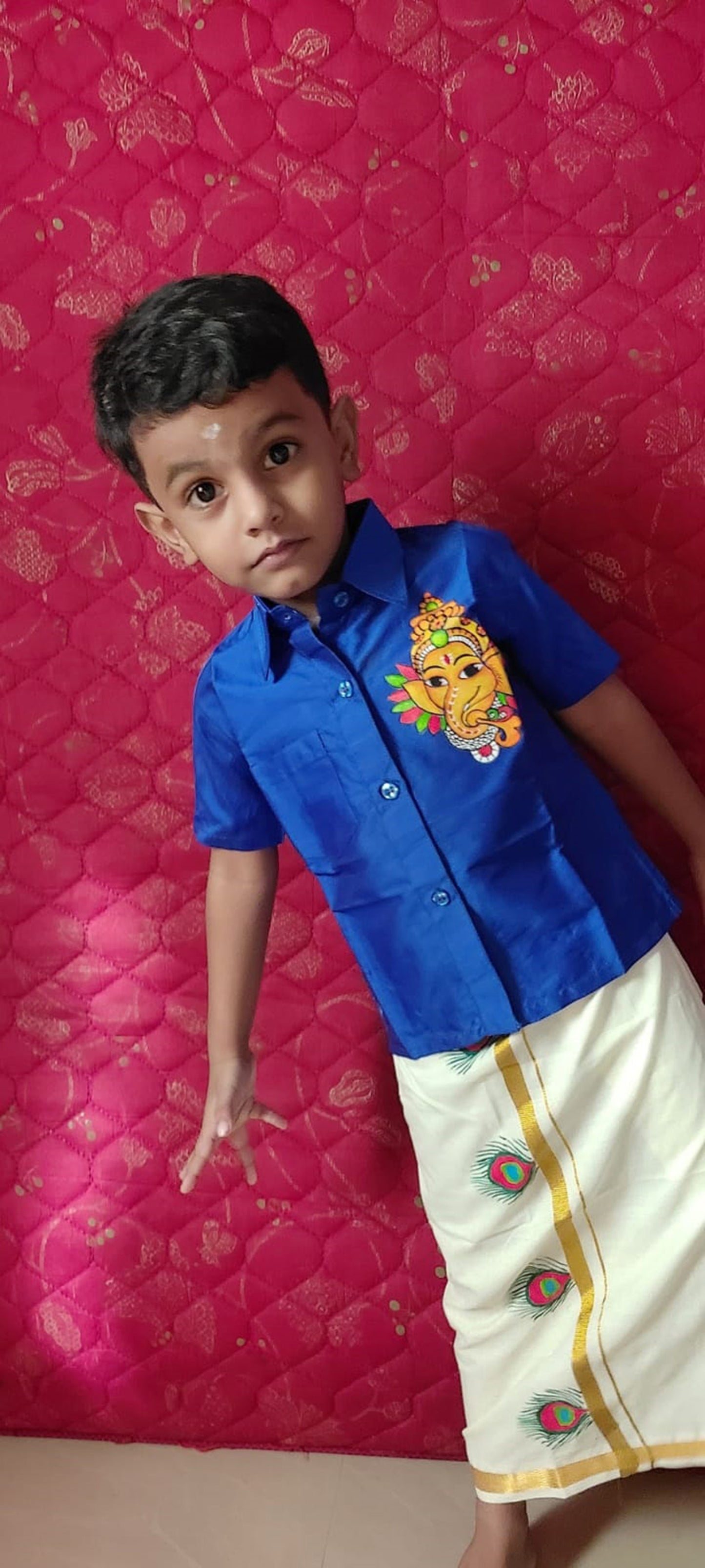 Ganapathi design hand mural painting kids blue shirt and peeli mundu