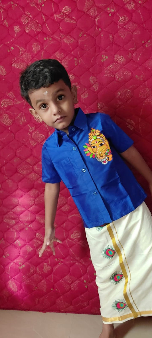 Ganapathi design hand mural painting kids blue shirt and peeli mundu