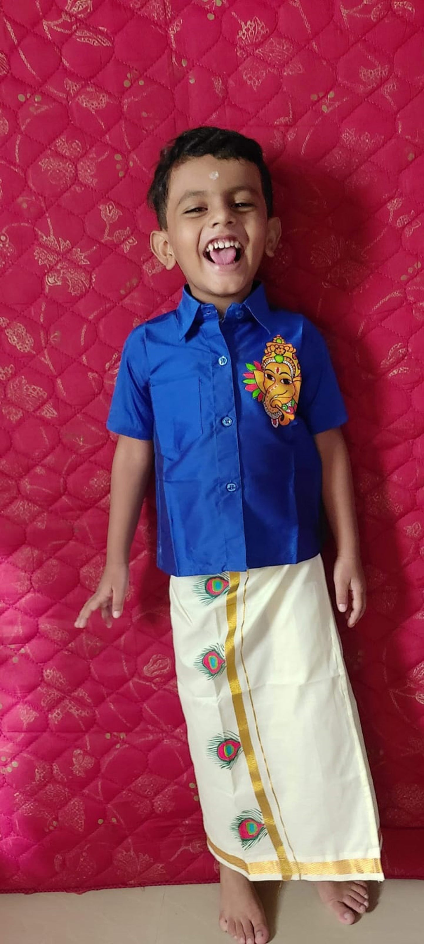 Ganapathi design hand mural painting kids blue shirt and peeli mundu