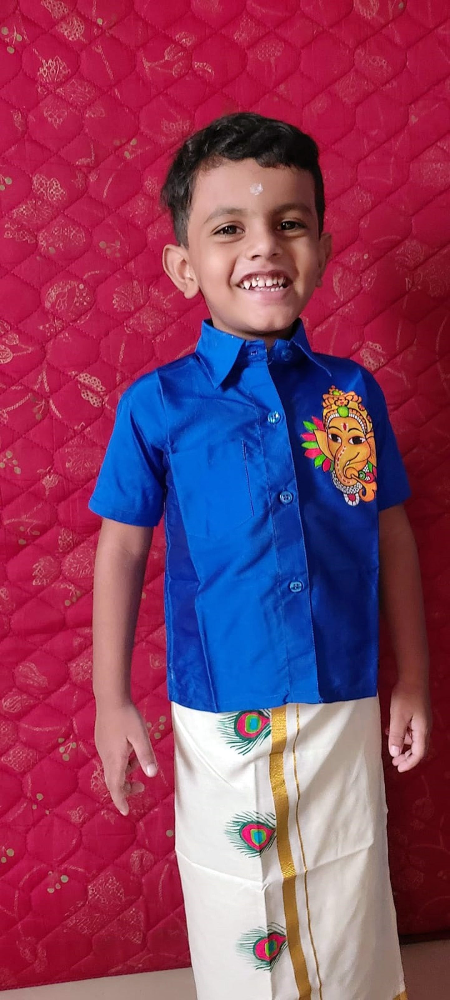 Ganapathi design hand mural painting kids blue shirt and peeli mundu
