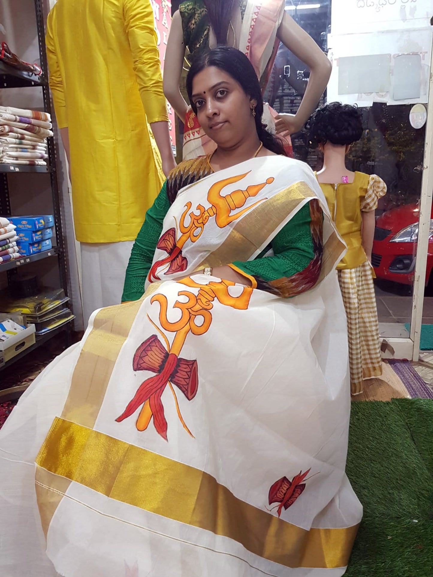 Lord Shiva damru hand painting kerala kasavu saree