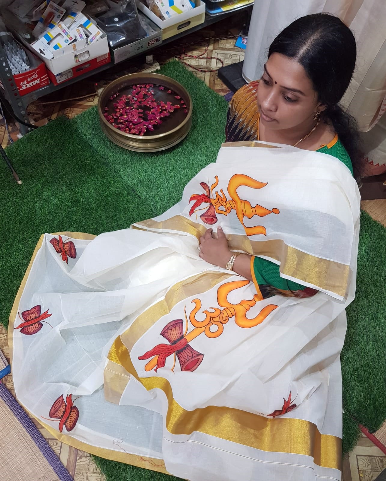 Lord Shiva damru hand painting kerala kasavu saree