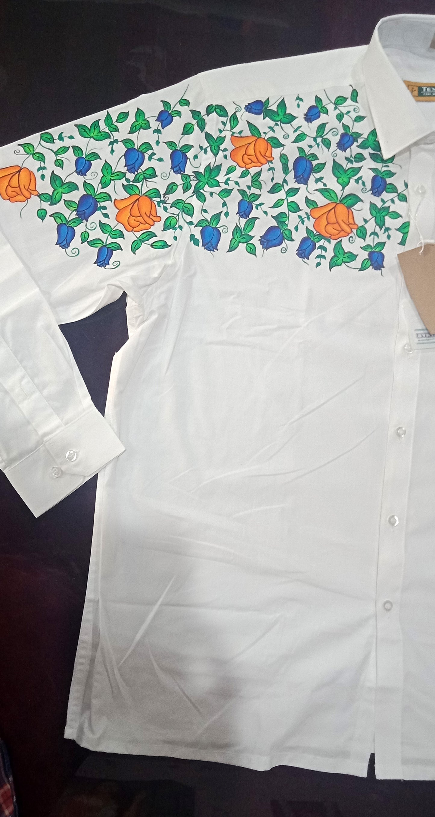 Blue Rose flower hand painting on white cotton shirt