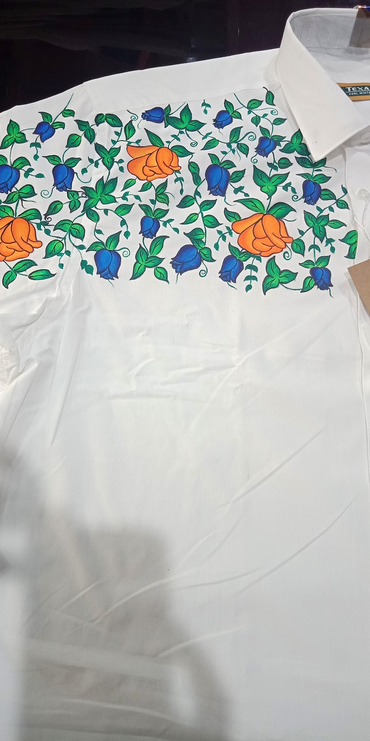 Blue Rose flower hand painting on white cotton shirt