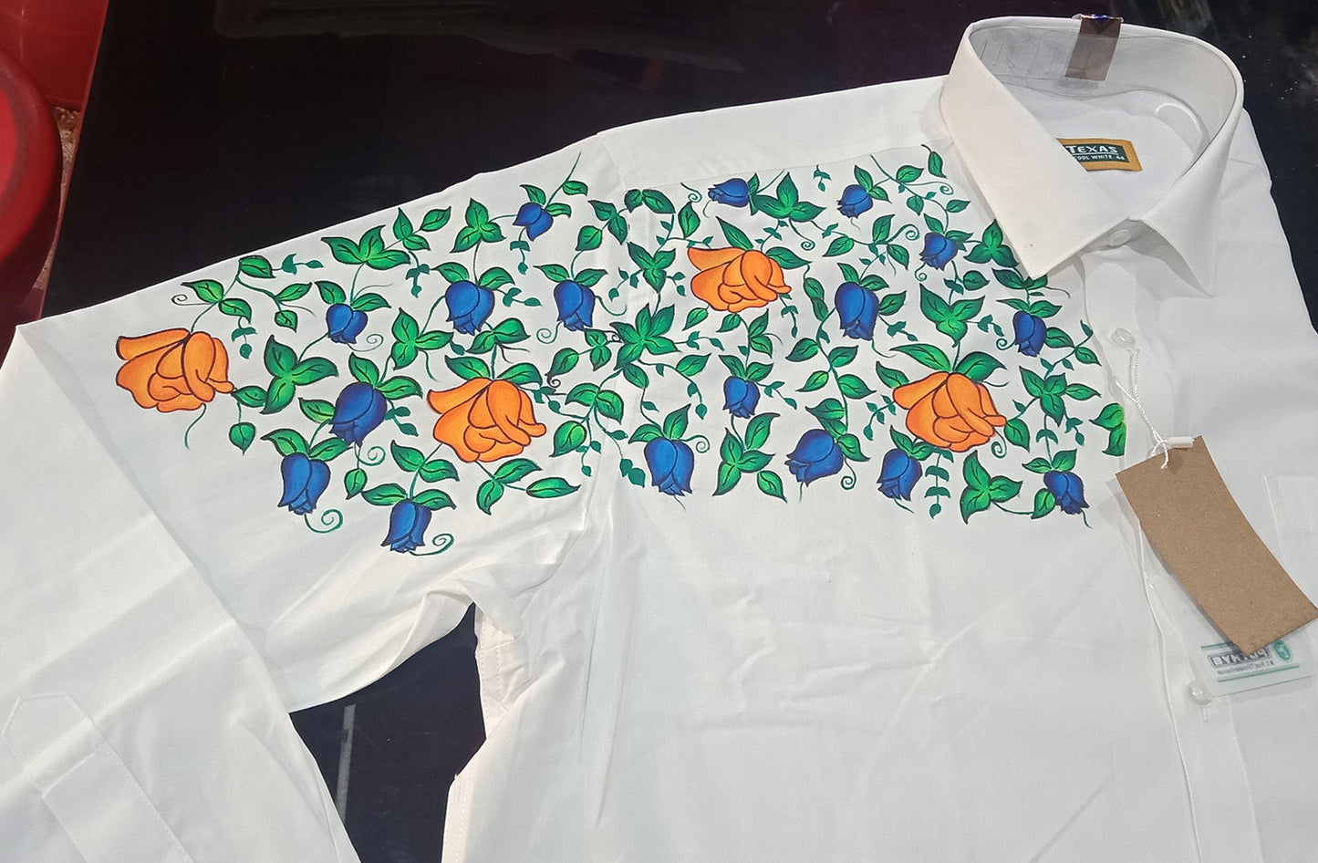 Blue Rose flower hand painting on white cotton shirt