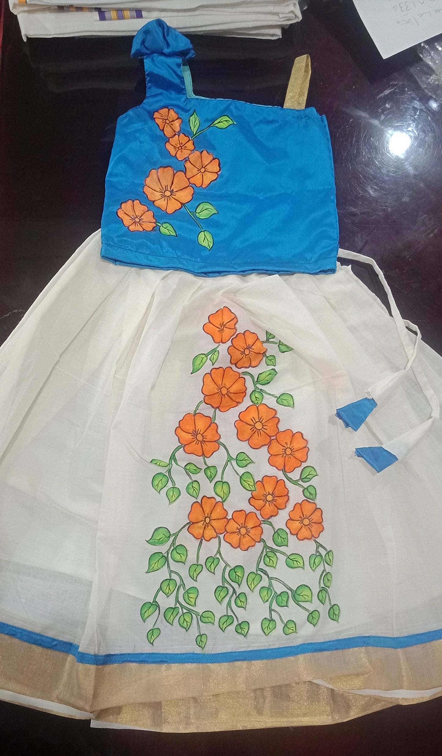 Flower hand painting design blue top kerala girls frock