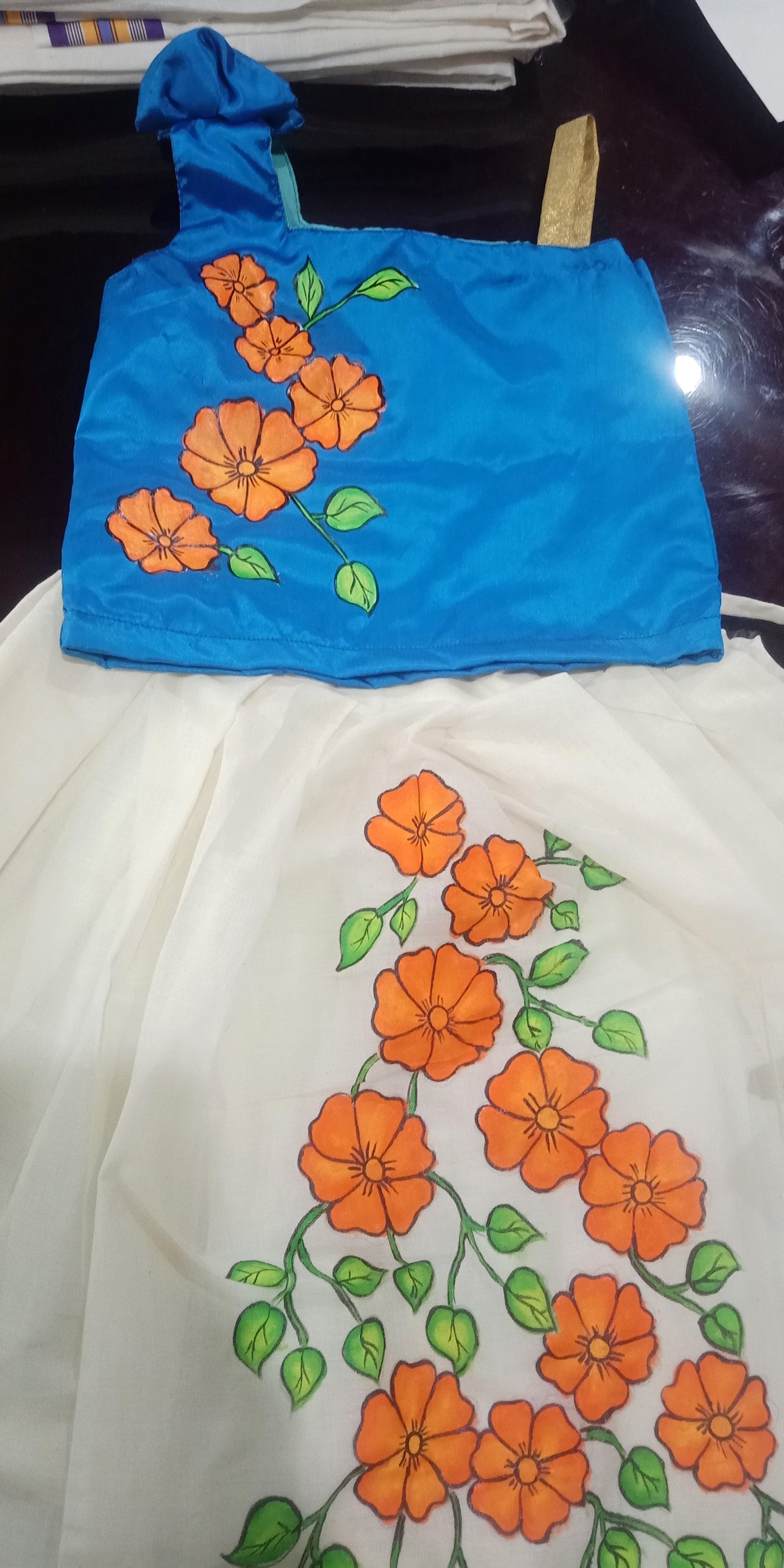 Flower hand painting design blue top kerala girls frock