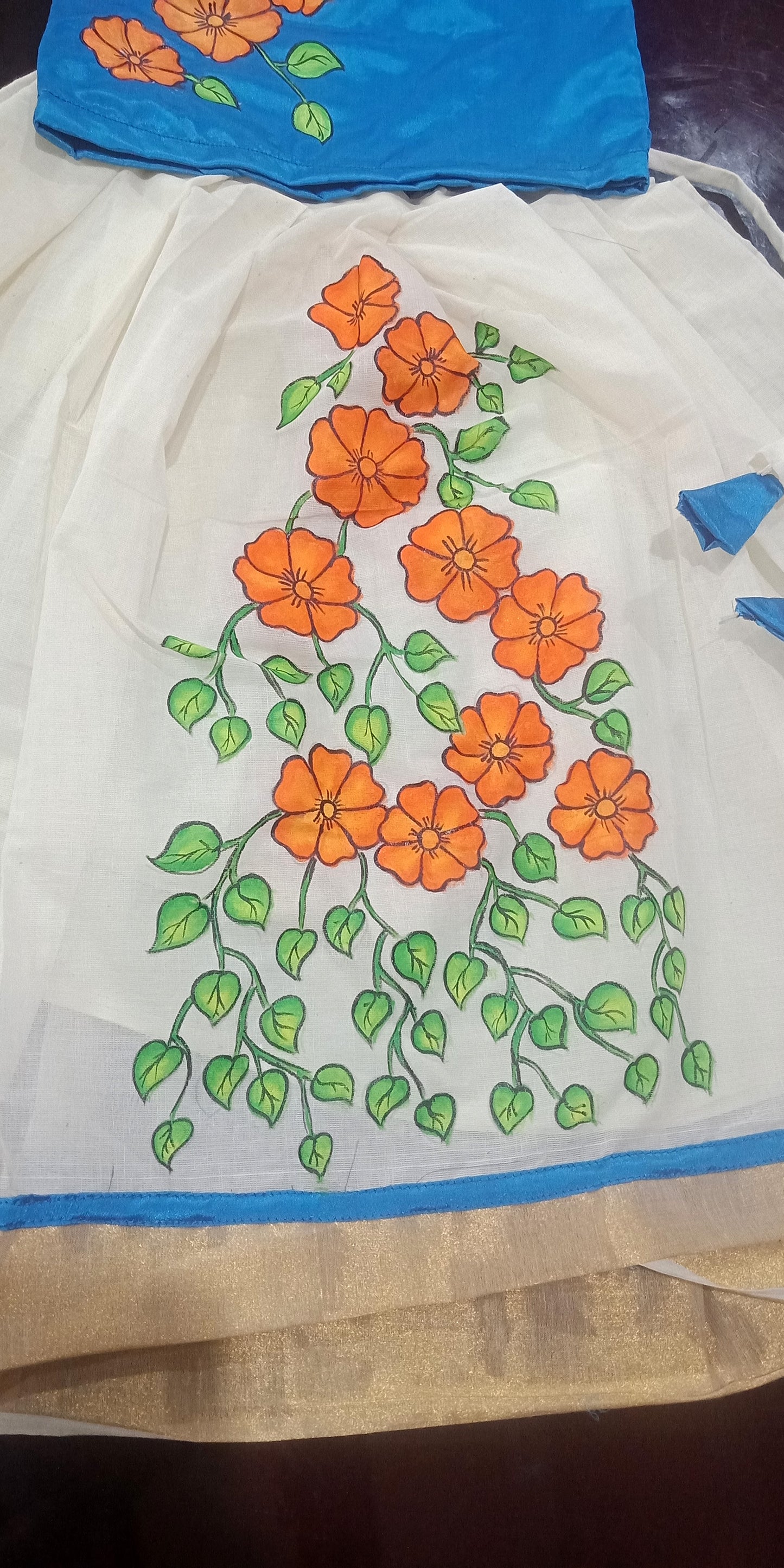 Flower hand painting design blue top kerala girls frock
