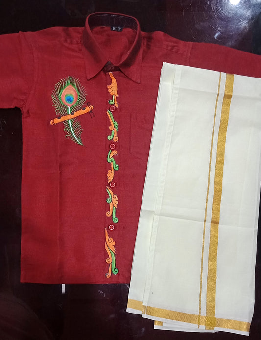 Mazhilpeeli design hand mural painting on kids red shirt and mundu
