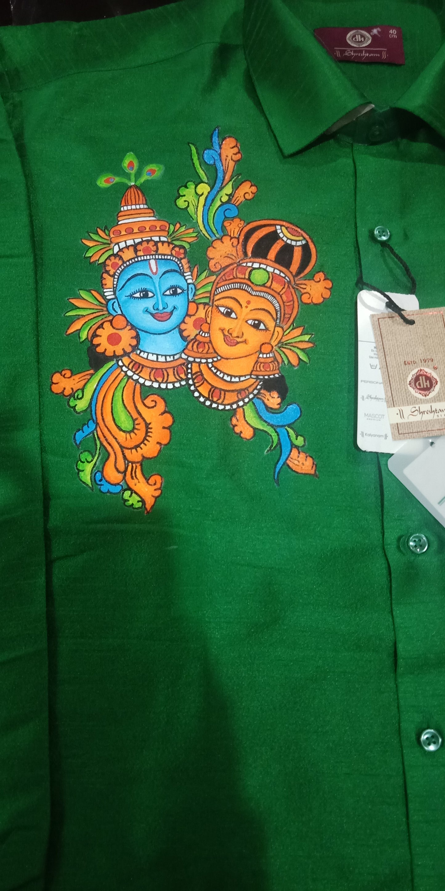 Krishna radha hand mural painting green silk shirt