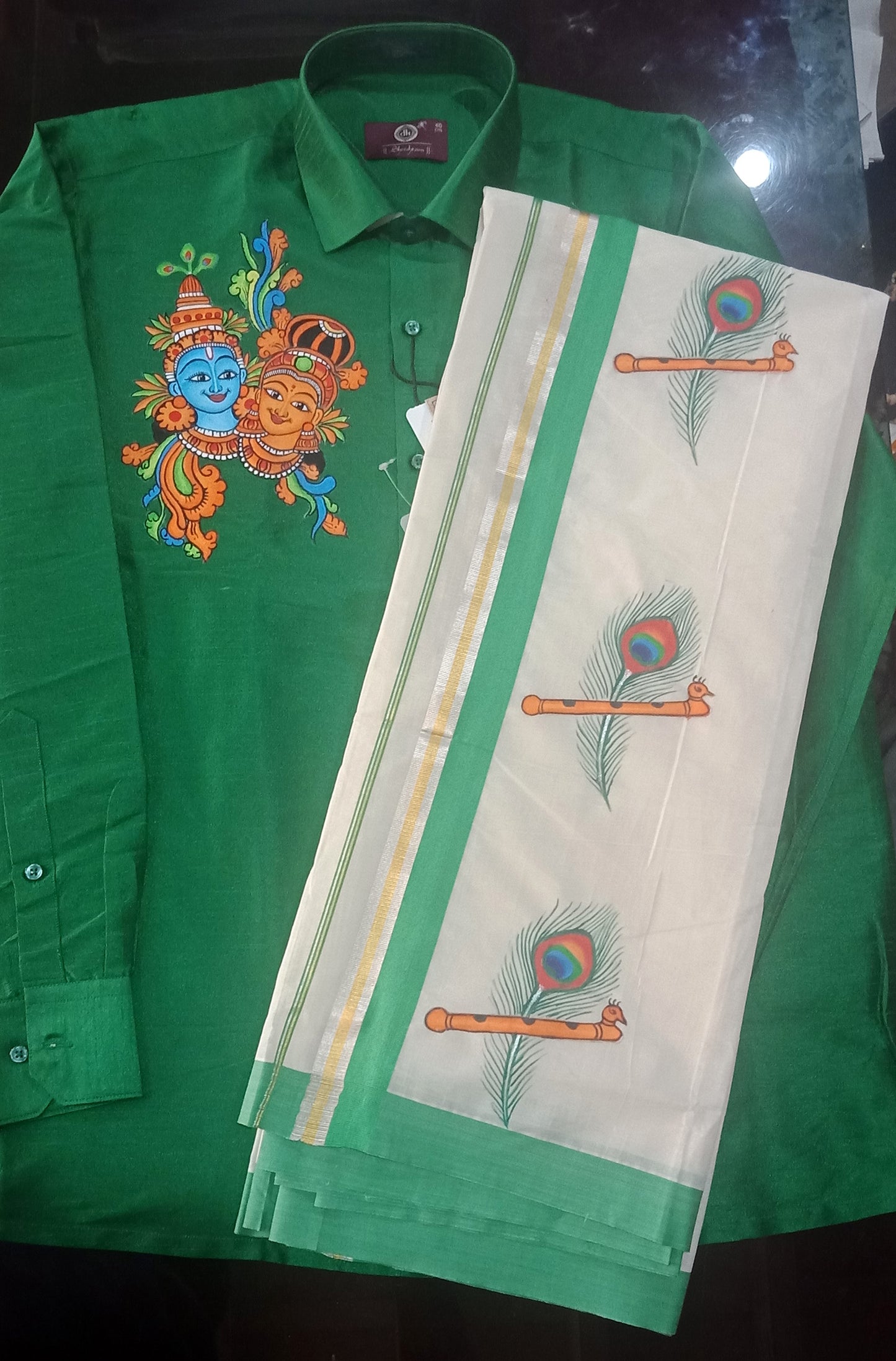 Krishna radha hand mural painting green silk shirt