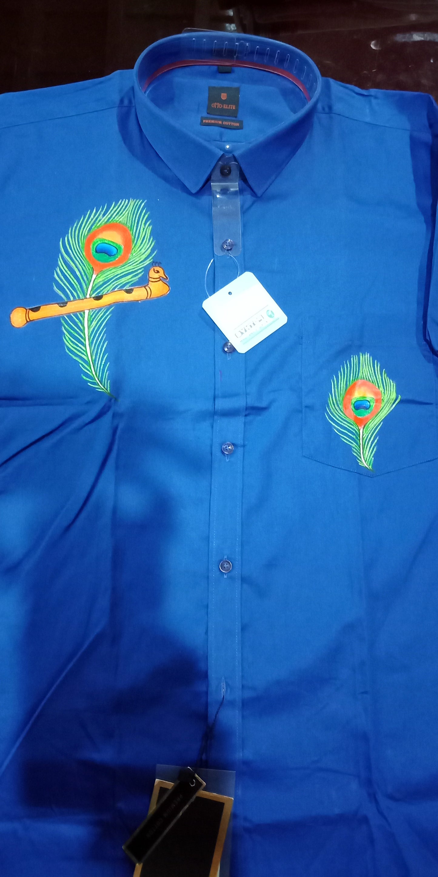 Beautiful Peeli hand mural painting blue cotton shirt