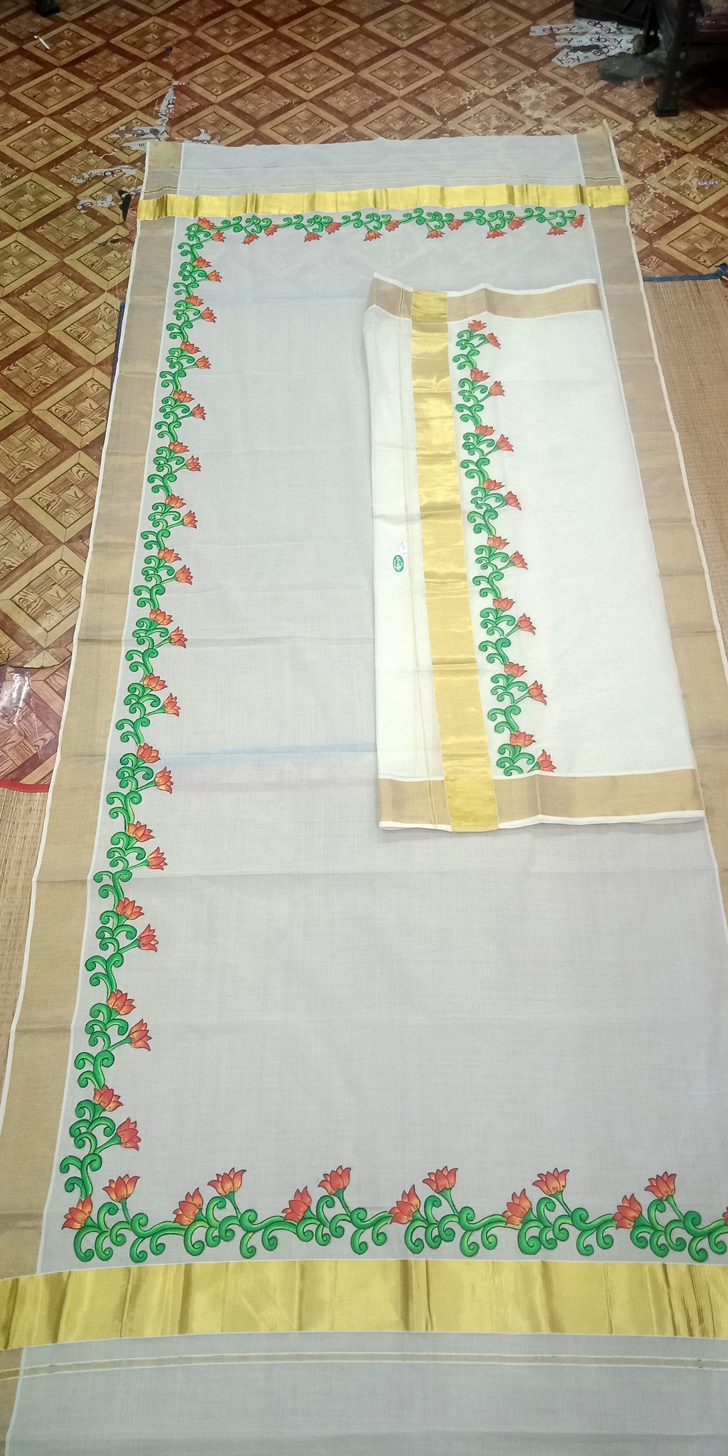 Flower border design hand mural painting kerala set mundu