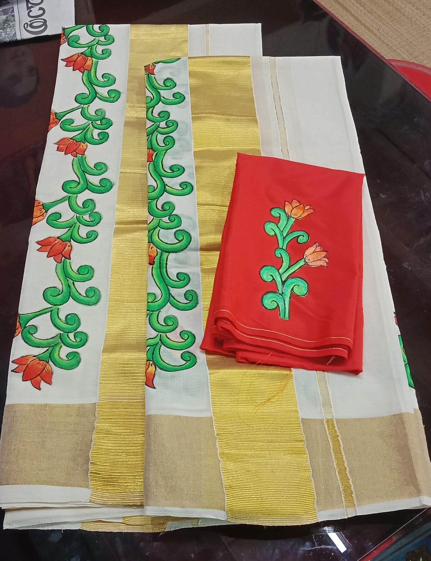 Flower border design hand mural painting kerala set mundu