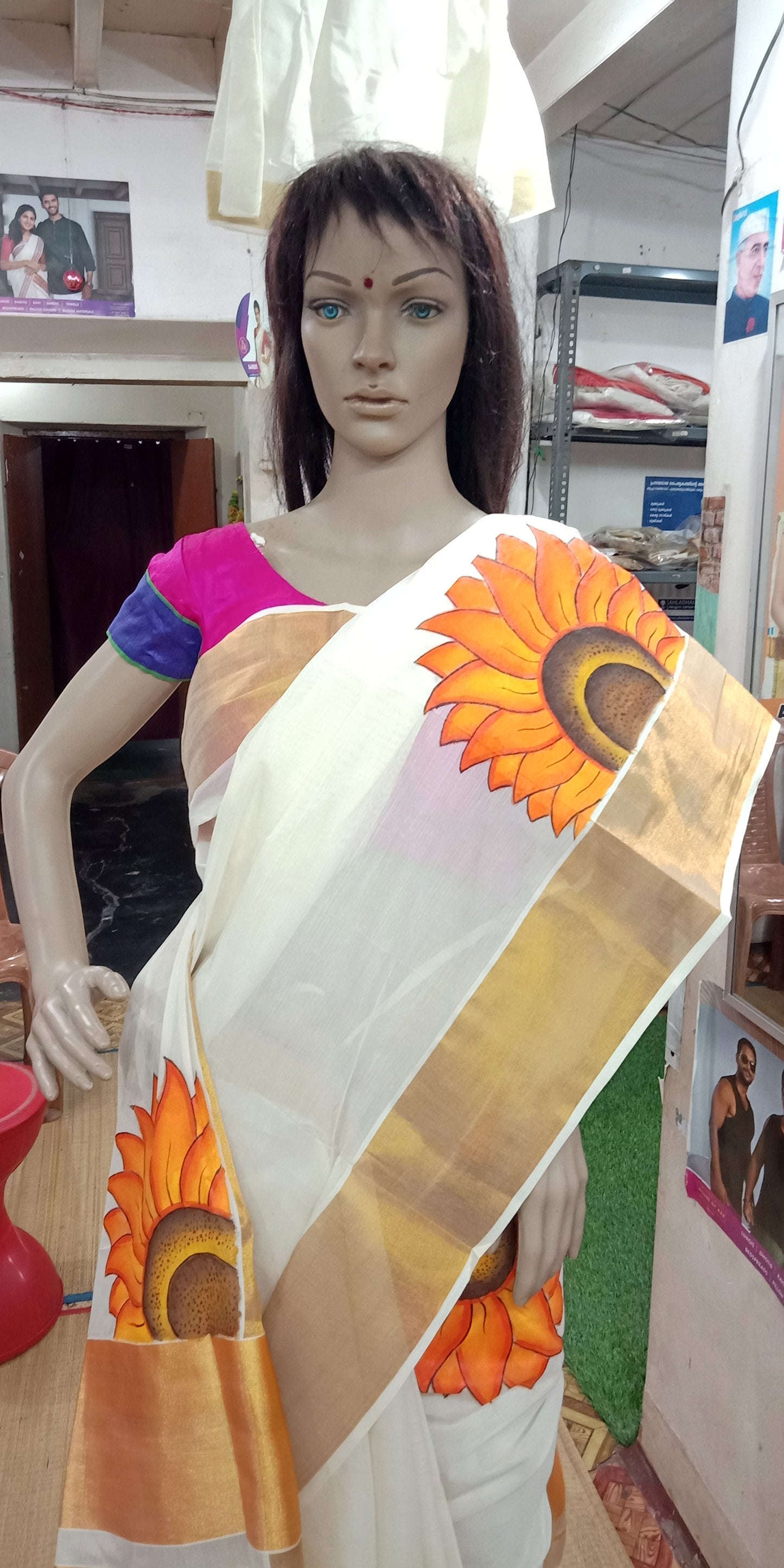 Sunflower design hand painting kerala kasavu sarees