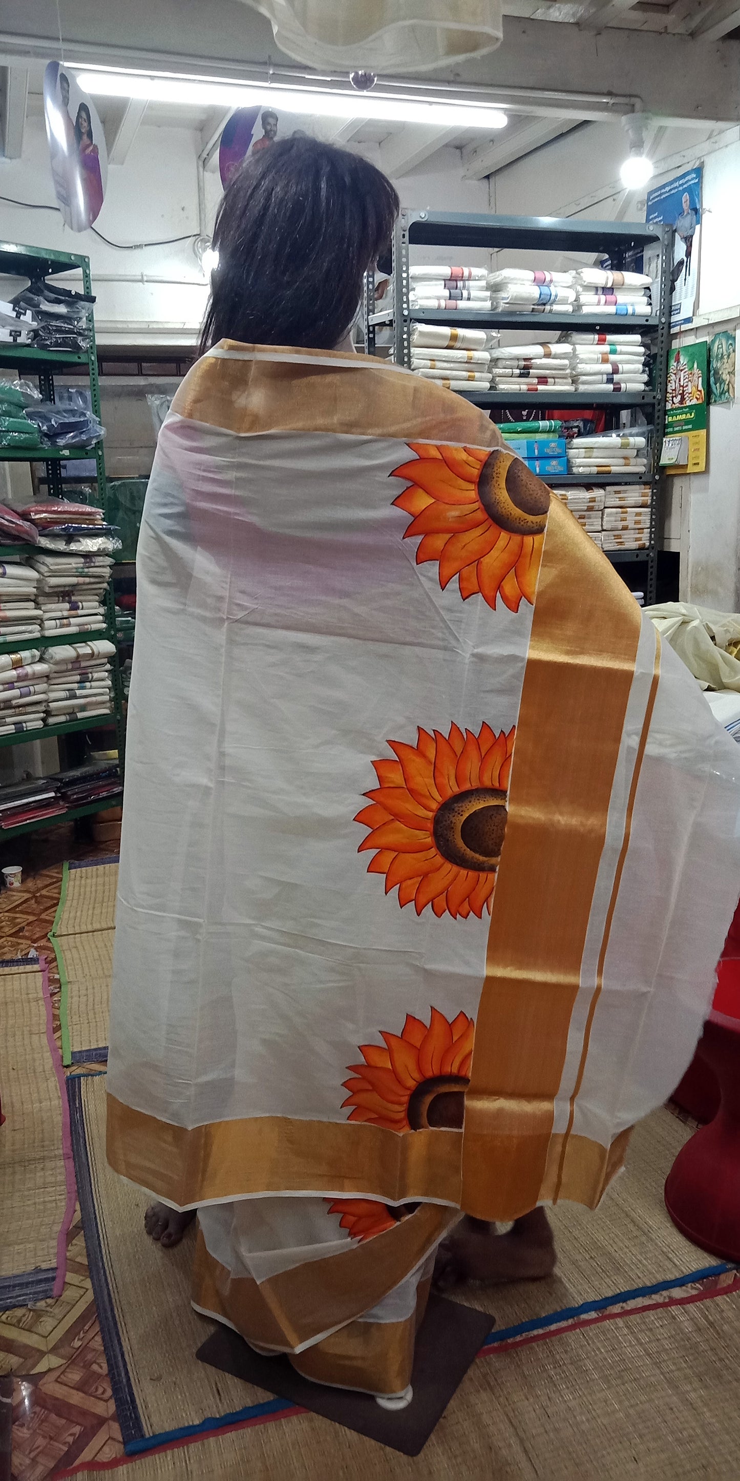 Sunflower design hand painting kerala kasavu sarees