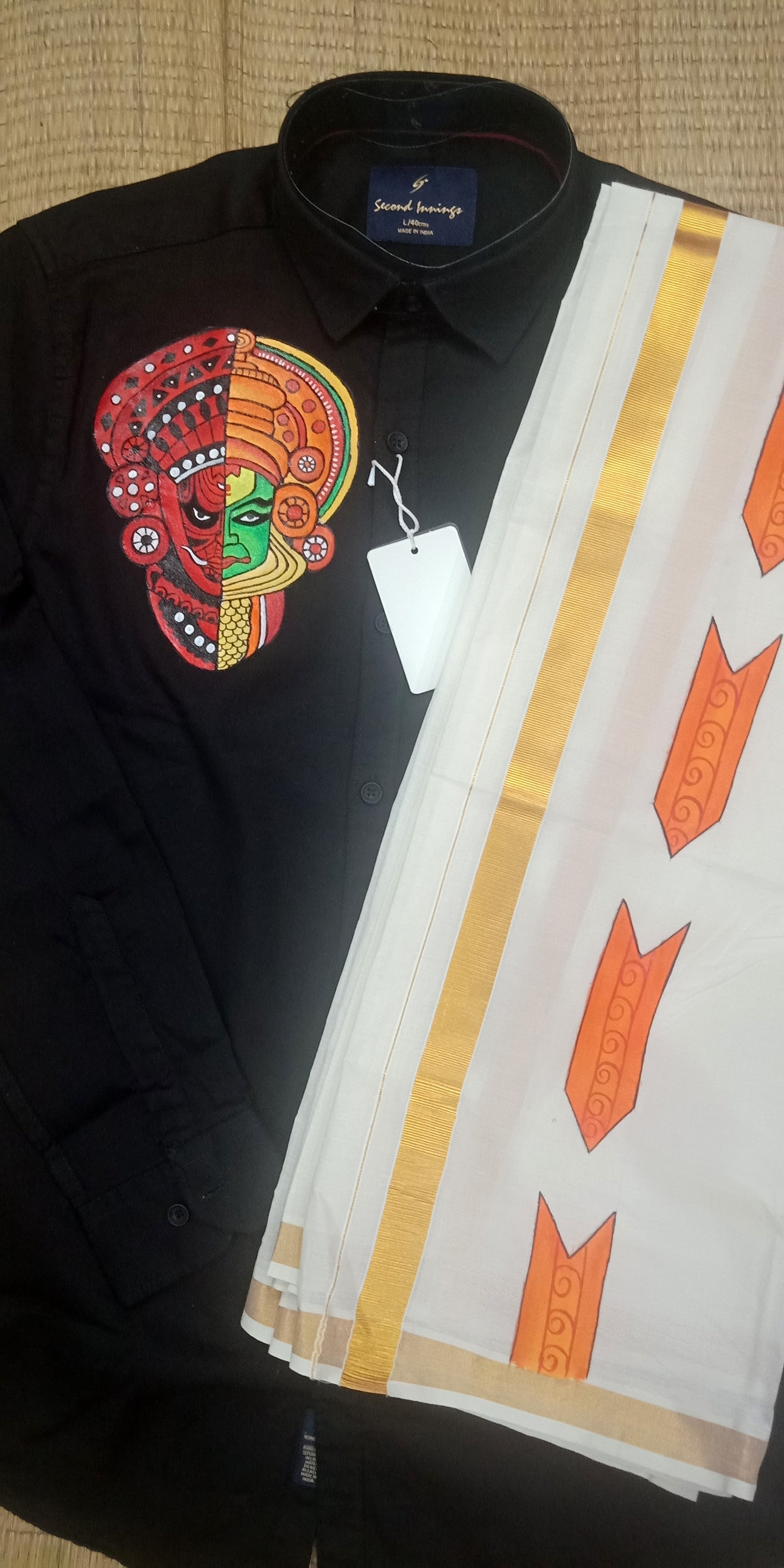 Half kathakali thayyam hand mural painting on black cotton shirt
