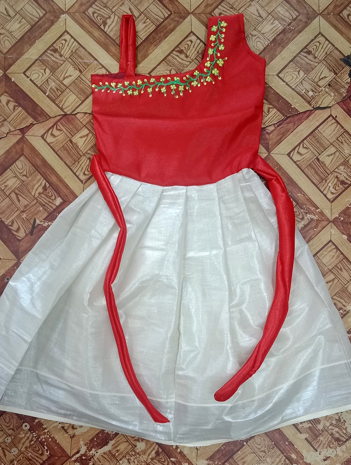 Flower design hand mural painting red top kerala frock
