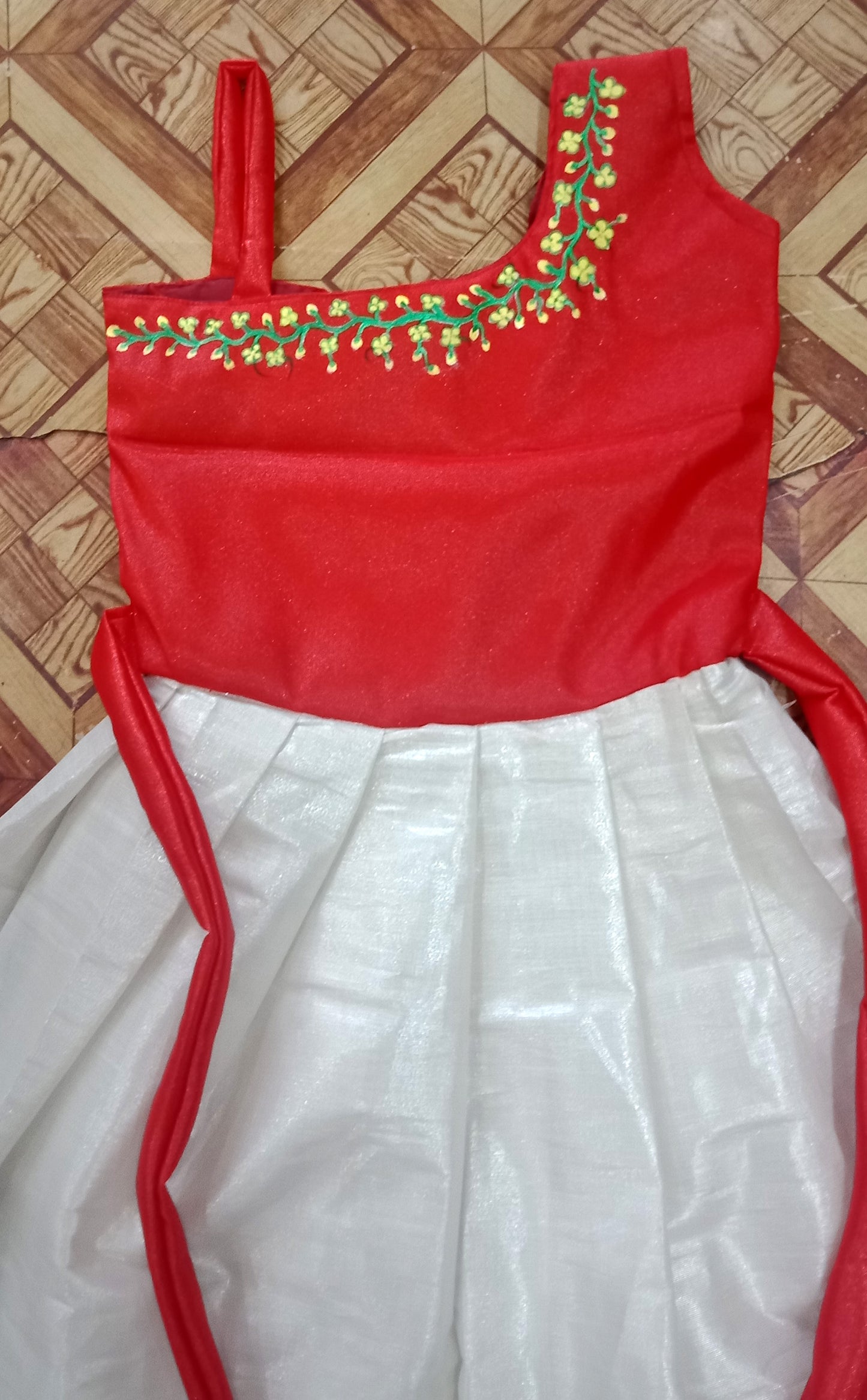 Flower design hand mural painting red top kerala frock