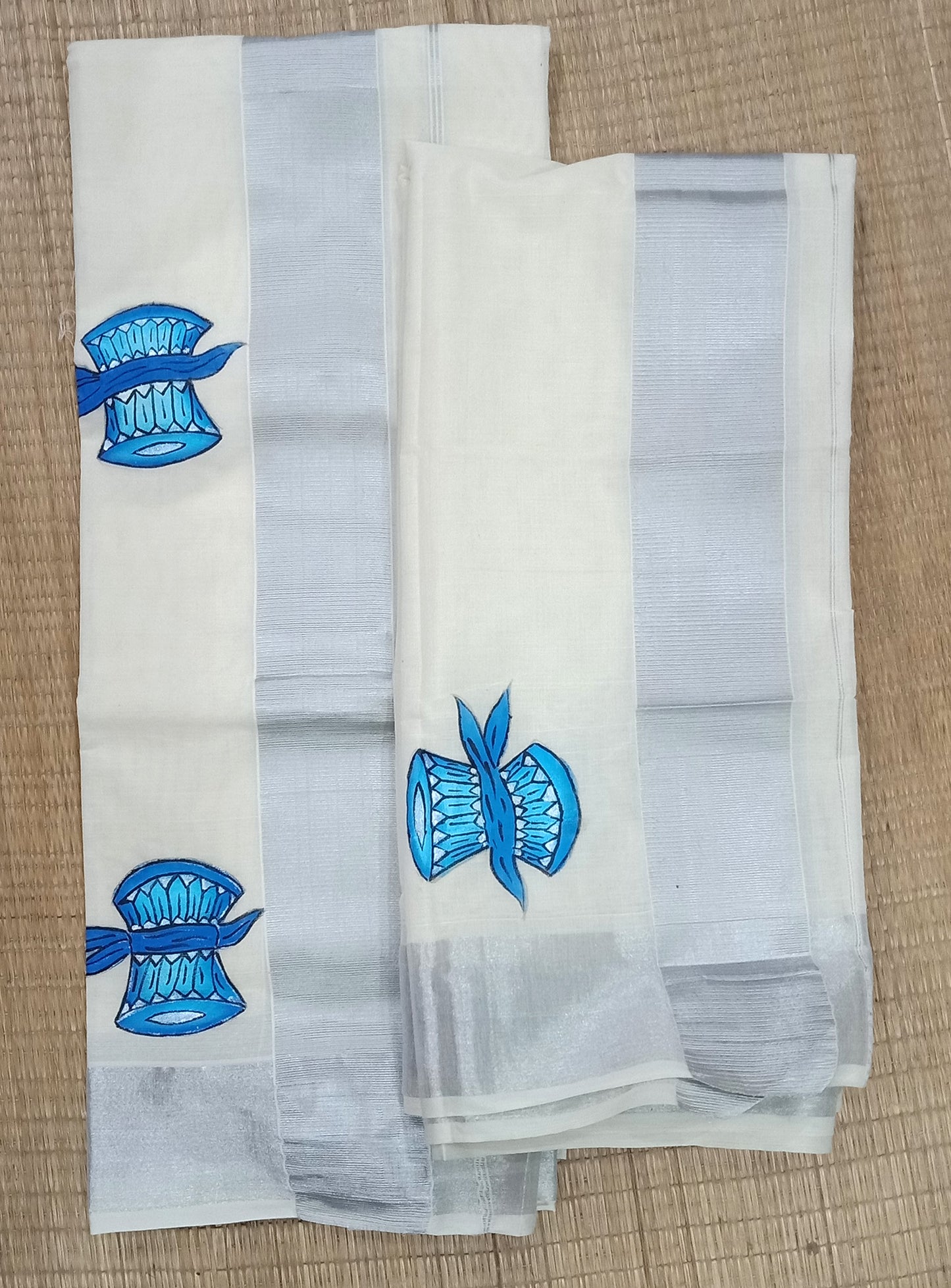 Shiva Dambaru hand mural painting on silver kara set mundu