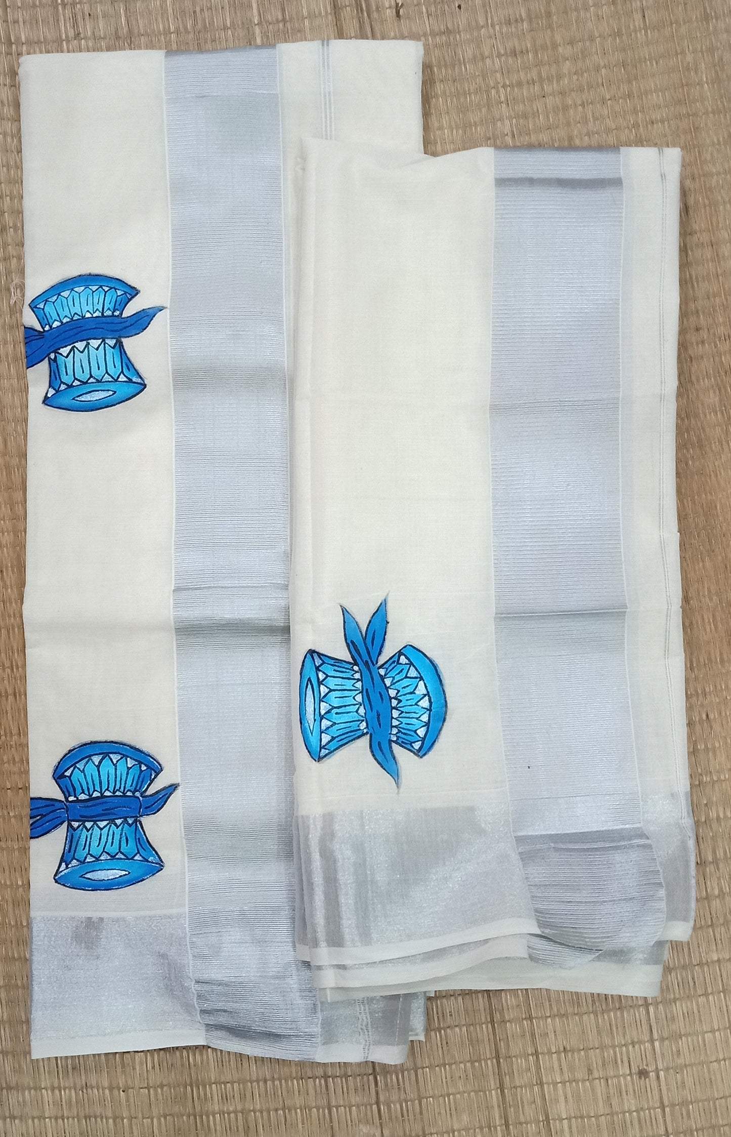 Shiva Dambaru hand mural painting on silver kara set mundu