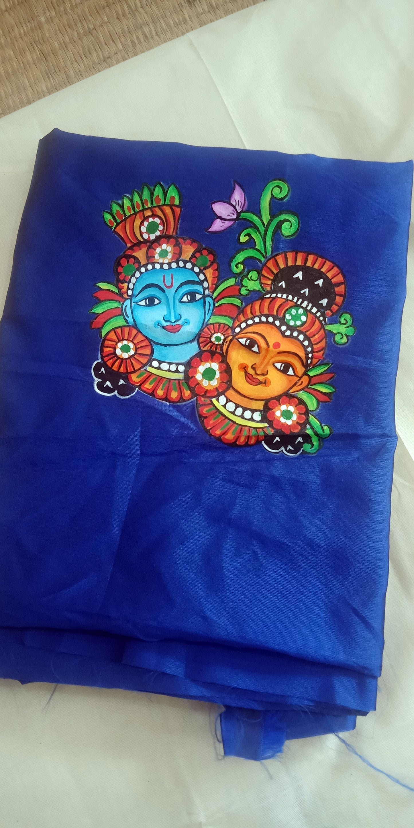 Krishna Radha mural painting top thulasi border pattu pavada materials