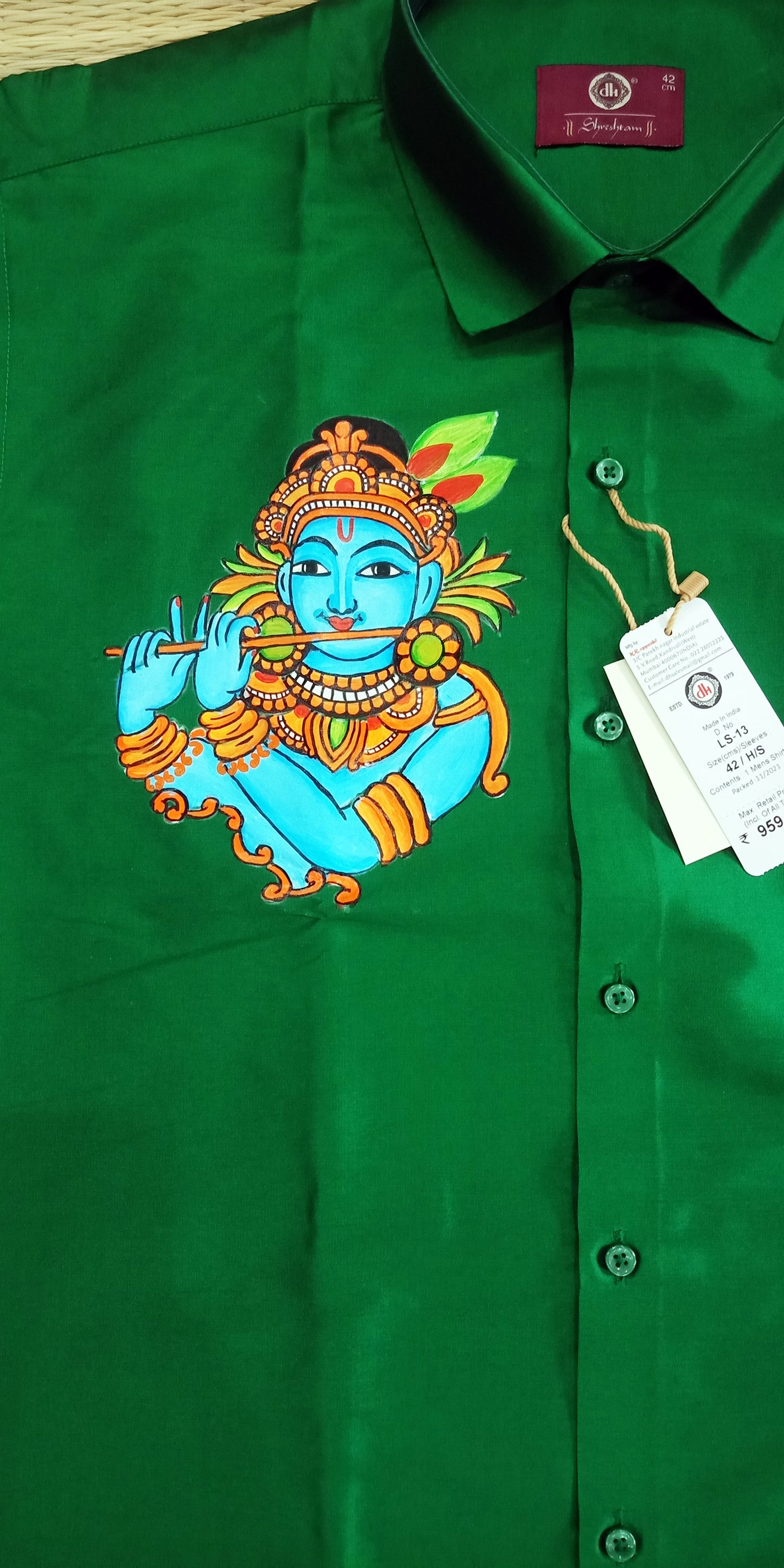 Blue krishna with flute design hand mural painting on green shirt