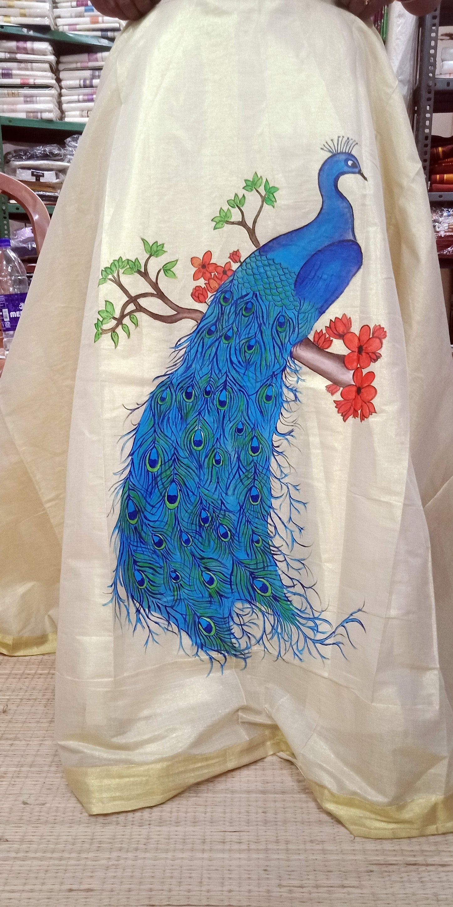 Peacock hand mural painting kerala tissue pavada lehenga - womens