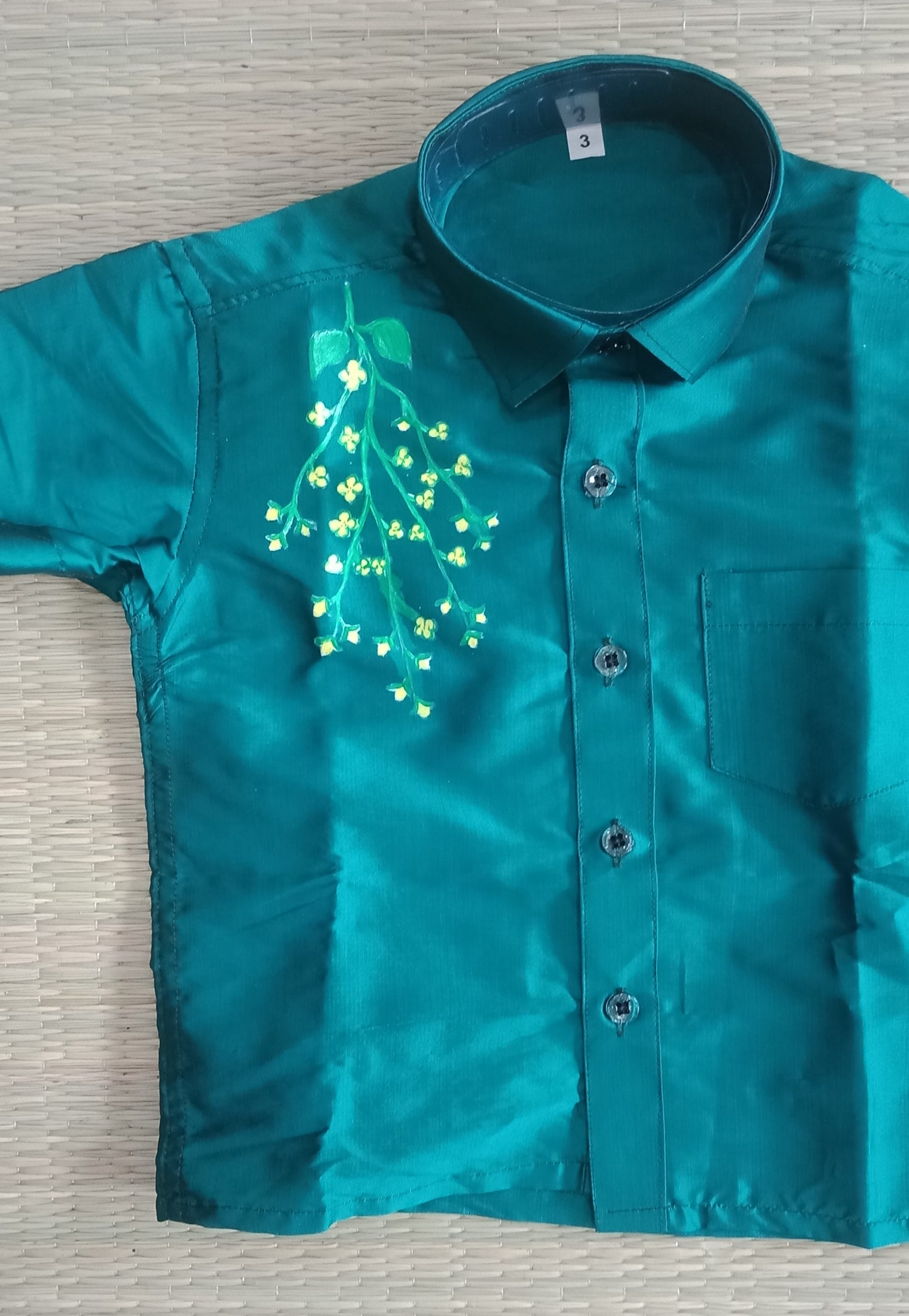 Vishu Kanikonna flower hand painting kids green silk shirt