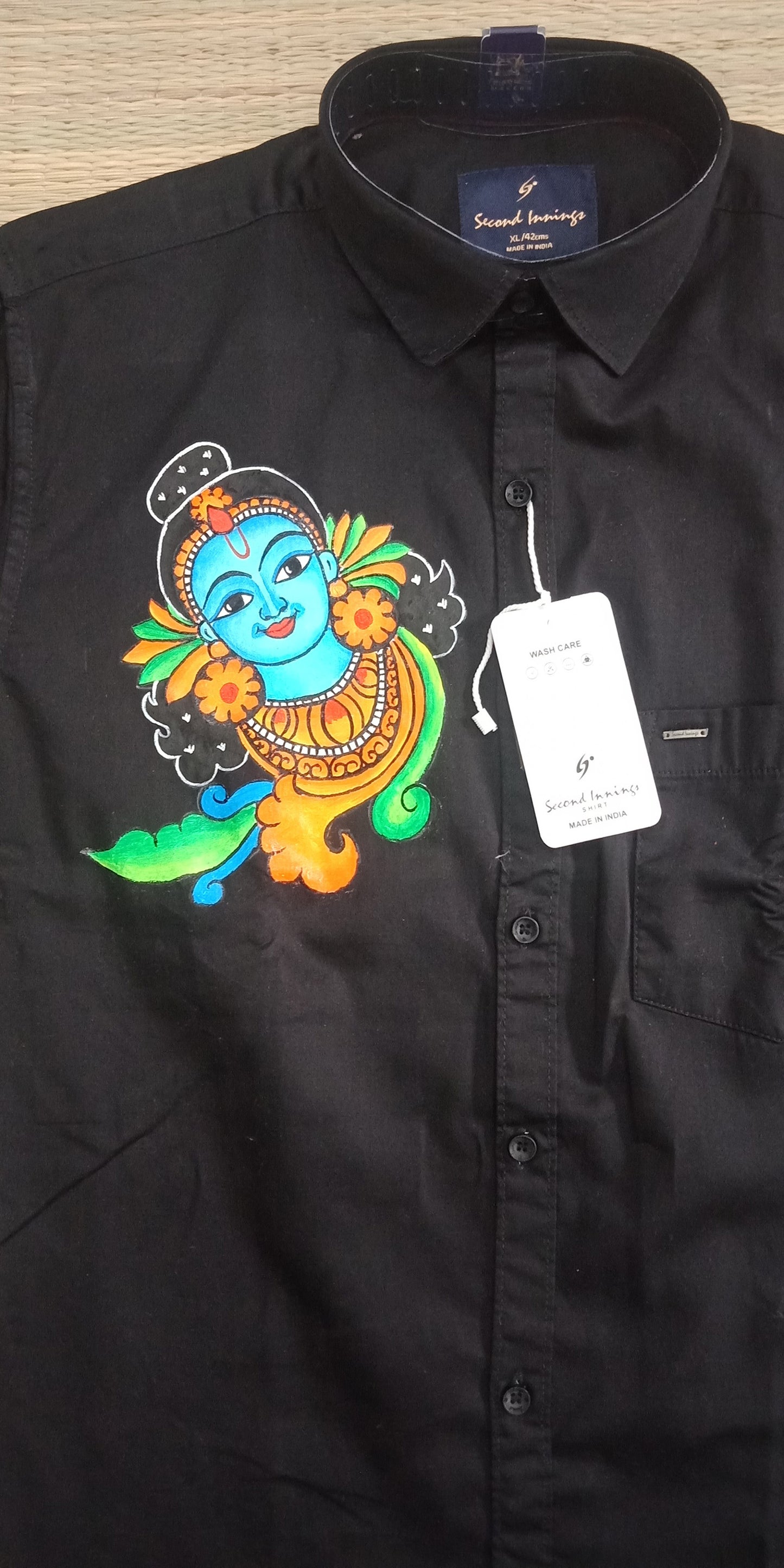 Beautiful krishna design hand mural painting on black shirts