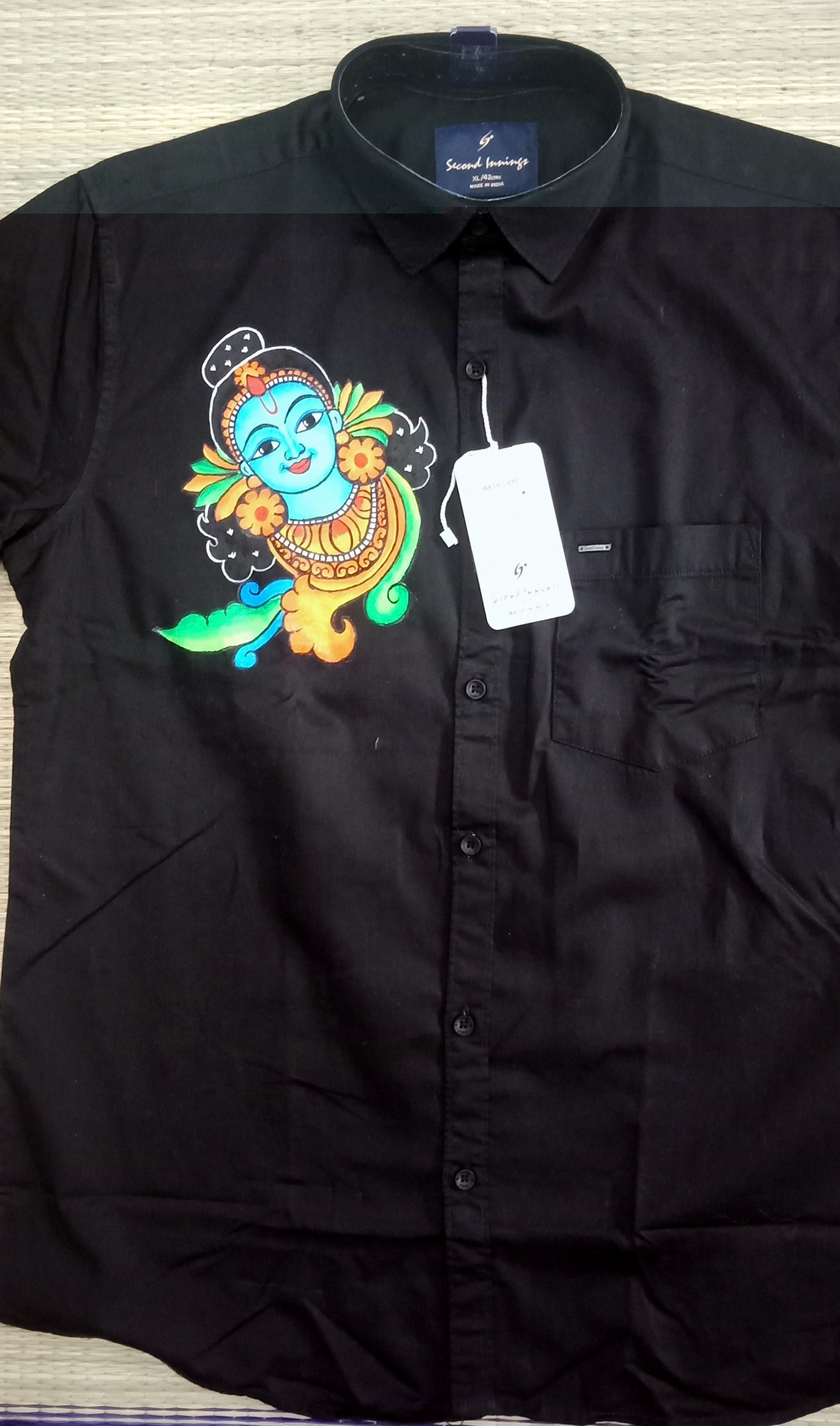 Beautiful krishna design hand mural painting on black shirts