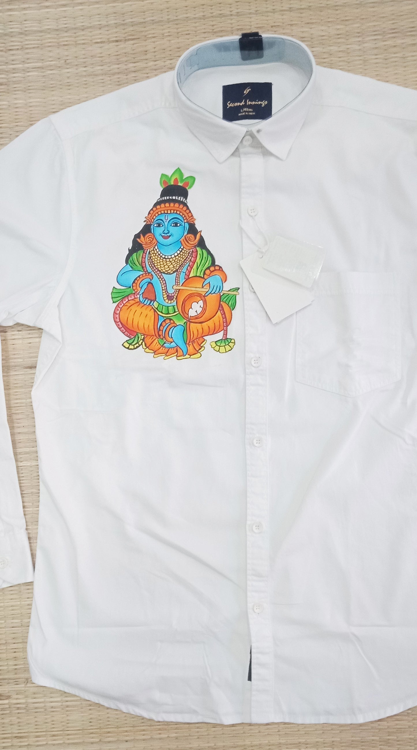 Krishna with pot design hand mural painting on white shirt