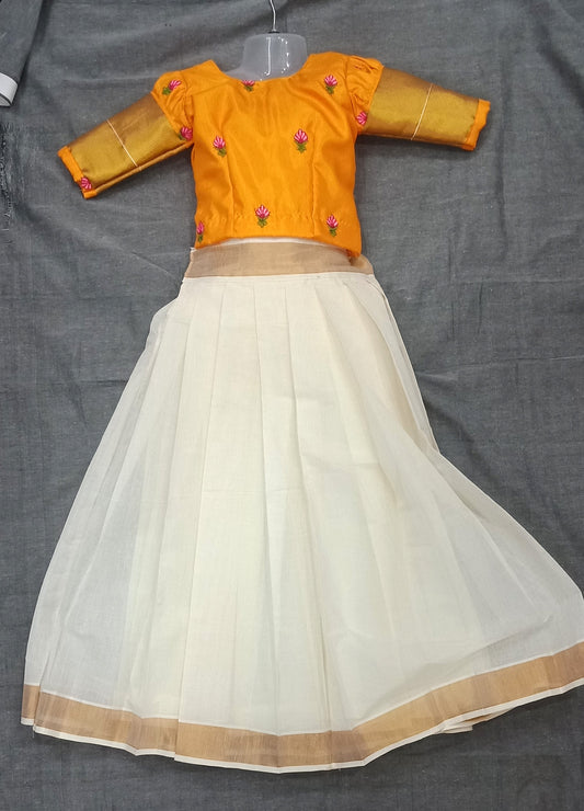 Designer flower embroidery top kerala onam pattu pavada - Onam Collections