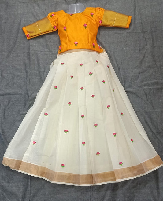 Designer flower embroidery top kerala onam pattu pavada with flower hand painting